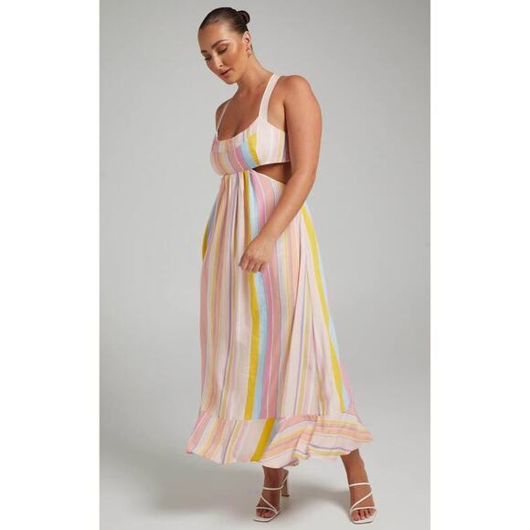 NWT Showpo. Women’s Size 4 Cross Back Tie Up Summer Stripe Maxi Dress - Picture 1 of 7